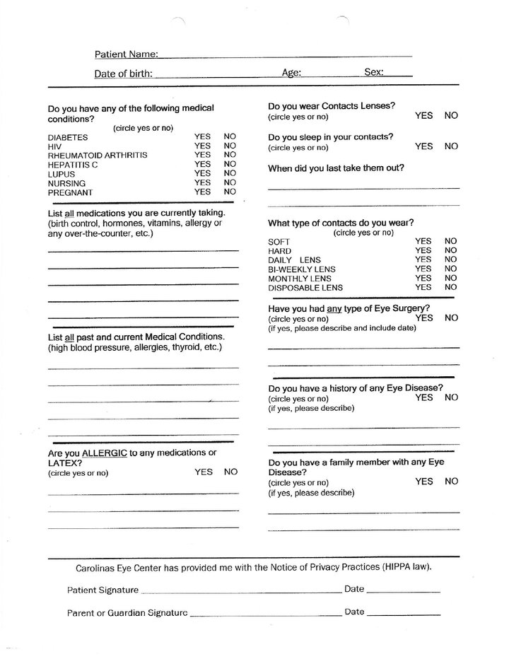 Preview of the first page of the Carolinas Eye Center new patient intake form