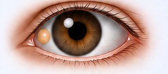 Illustration of an eye with a pinguecula, a small yellow deposit on the white of the eye