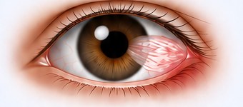 Illustration of an eye with a pterygium, a pink growth extending onto the cornea