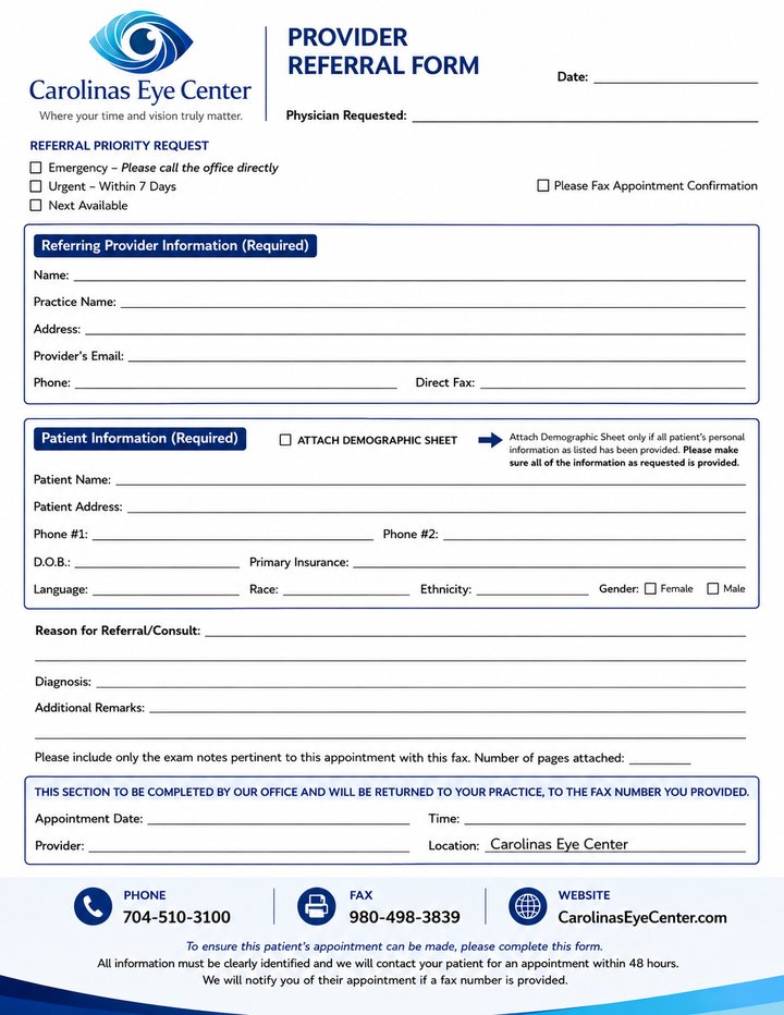 Preview of the Carolinas Eye Center provider referral form